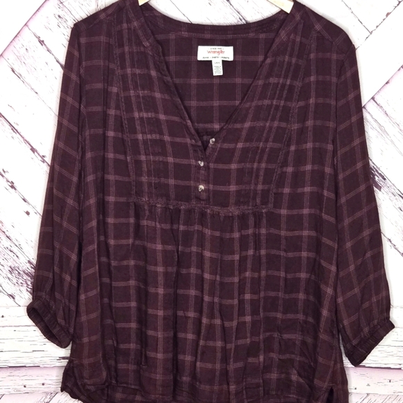 Wrangler Burgundy Plaid Peasant Top - Picture 3 of 4